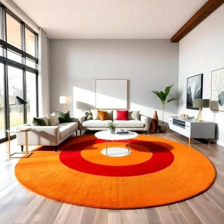 Handcrafted Round Target Pattern Orange Living Rug